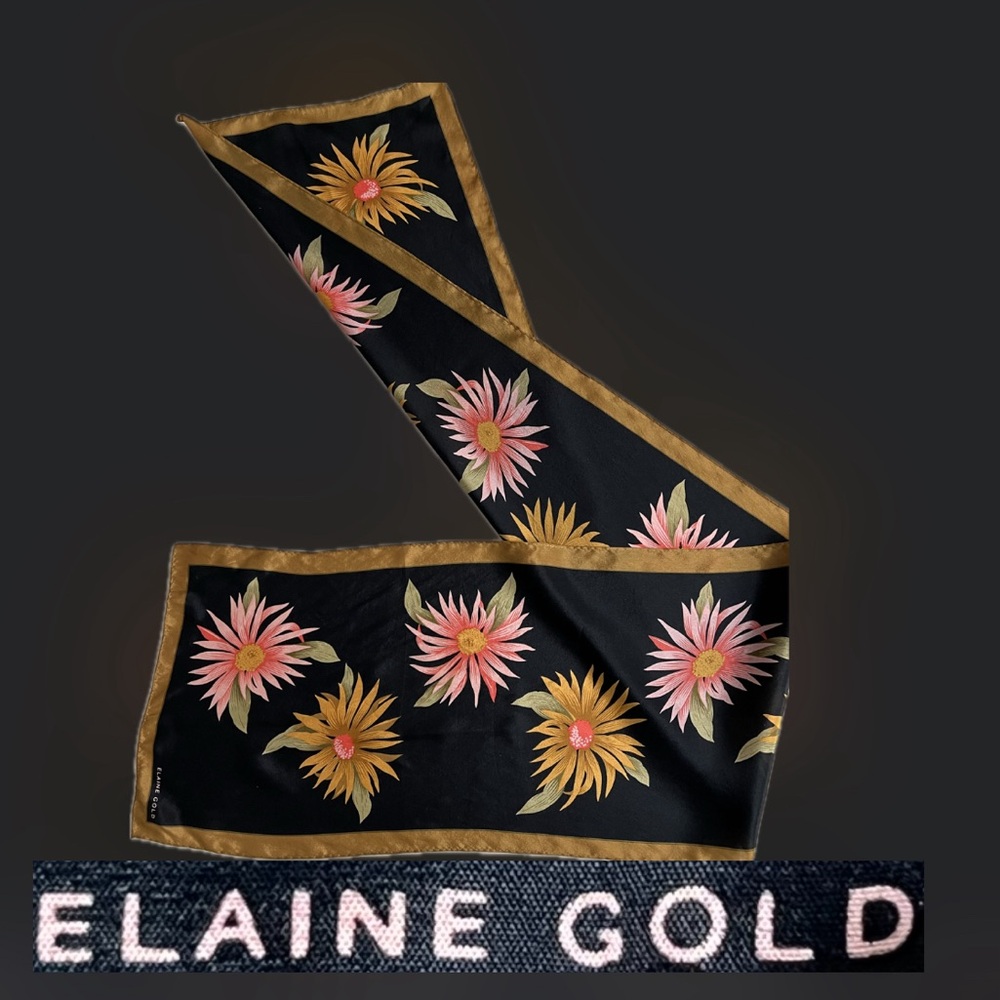 Vintage Elaine Gold Classic Oblong Floral Silk Scarf Wrap Neckerchief 10” x 50”
